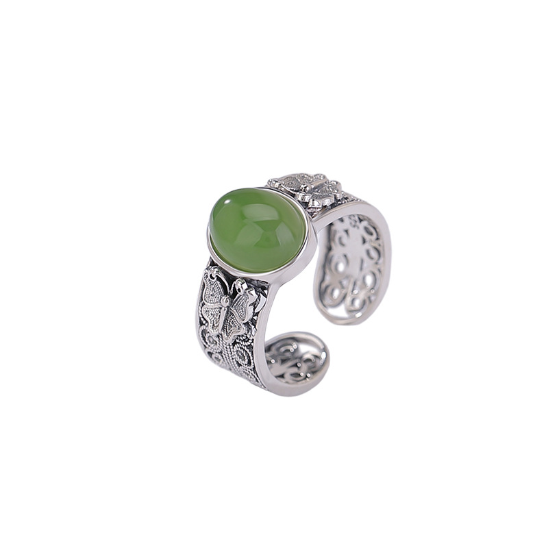 Nhẫn bạc S925 đính ngọc Hetian Jasper hình bướm rỗng vintage — một mảnh