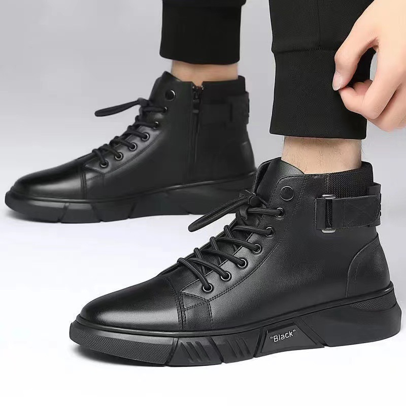 Leather winter plush and thick Martin high top men's boots, leather, soft soled cotton leather shoes, warm snow boots_voghion.com