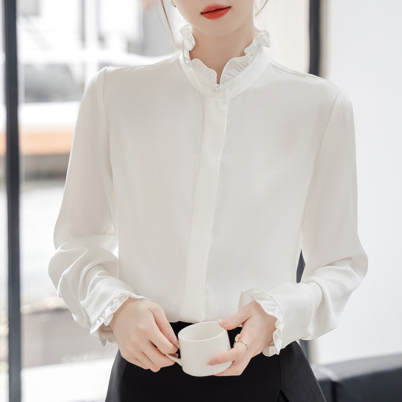 Sweet Ruffled Stand Collar White Acetate Long Sleeve Shirt for Women with a Unique French Chiffon Design Wholesale Sweet Ruffled Stand Collar White Acetate Long Sleeve Shirt for Women with a Unique French Chiffon Design Wholesale