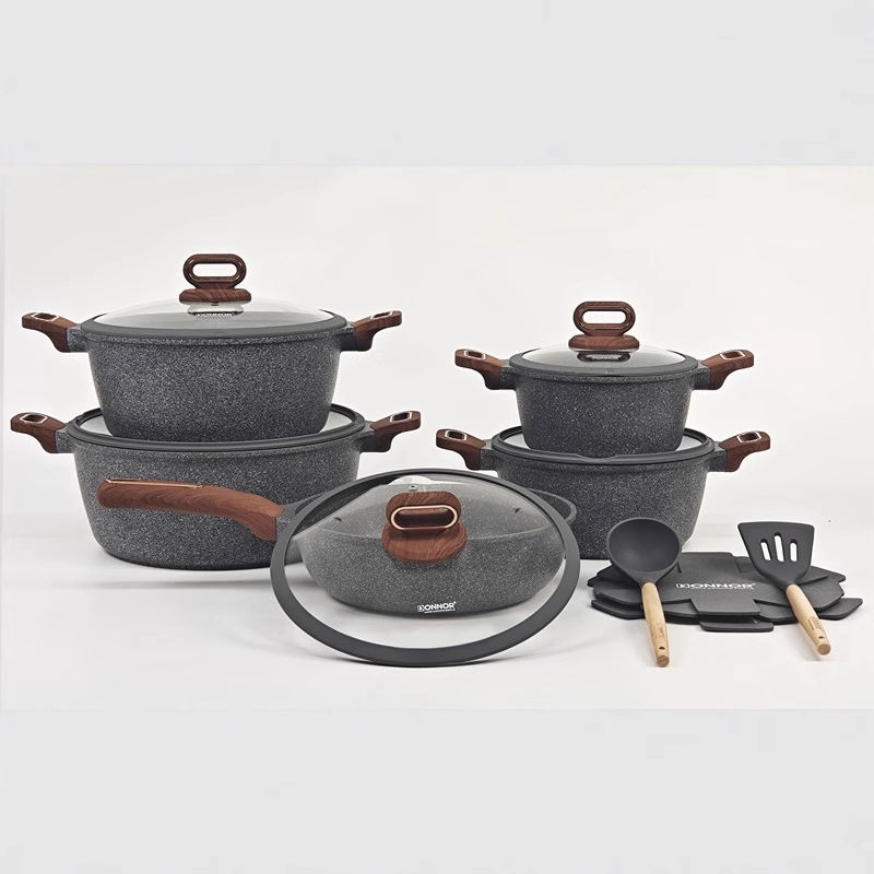 15/16pcs cookware set 15/16 juego antiadherente juego de olla de aluminio fundido a presión de piedra médica fuego de fondo