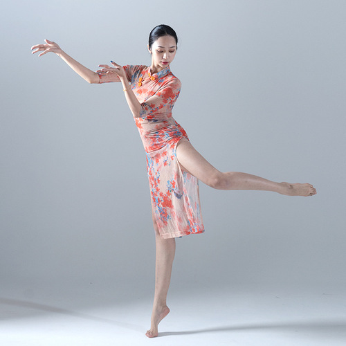  new summer short-sleeved cheongsam dance clothes, printed high-cross stand collar, plum blossom buttons, classical dance group practice clothes