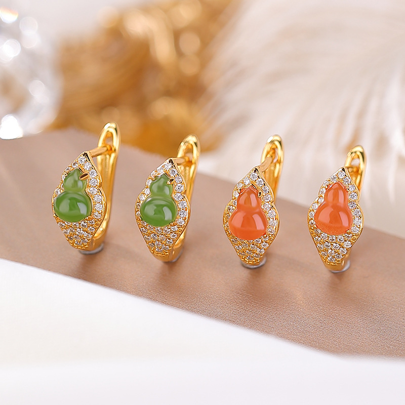 Bông tai đinh tán hoa tai kẹp phong cách Trung Quốc khí chất, đá đỏ ngọc bích mạ vàng bạc S925 — Mẫu đỏ nam