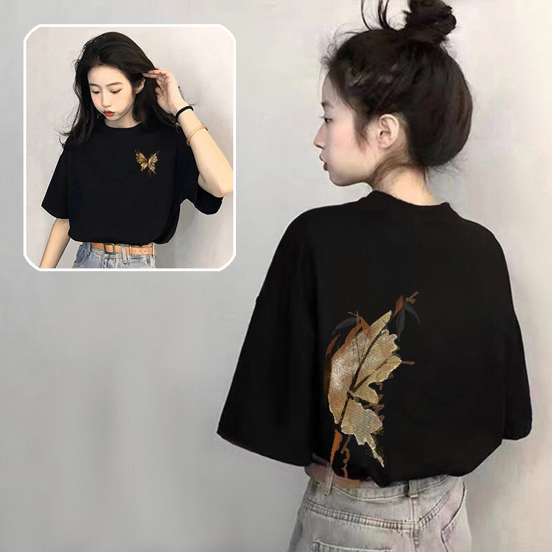 Butterfly Pure Black Short-Sleeved T-Shirt for Women 2026 New Summer Unique Design Top Plus Size T-Shirt