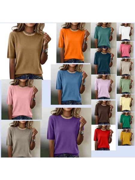 European and American Style Amazon Aliexpress Cross-Border Spring and Summer New Products Casual Loose Comfortable Solid Color Knitted Crew Neck Short Sleeves