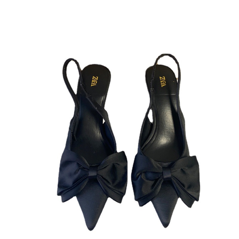 New black pointed bow decoration with low heel, shallow mouth, thin heel, exposed heel, fashionable sandals for women
