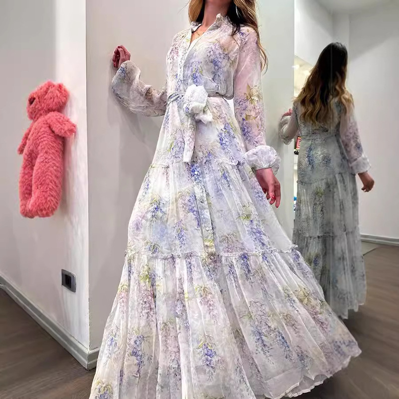 Independent Station Foreign Trade European and American Women's Chiffon Printed dress Cardigan Large Swing Belt Fashion Floral Long 8072