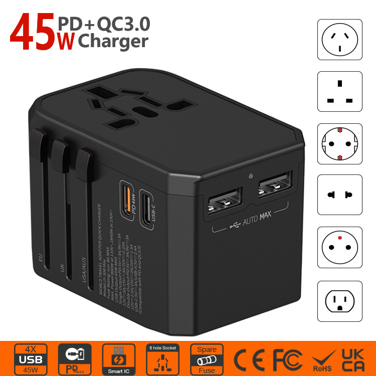 跨境转换插头45W旅行转换插座全球通多功能欧规转美规多国转换器