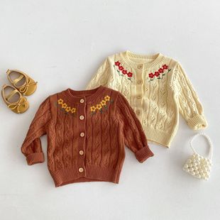 Girls Autumn 2024 New Korean Sweater Hand Embroidered Flower Baby Kindergarten Knitted Cardigan Jacket