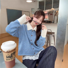 甜美风复古条纹翻领毛衣外套女秋季新款别致减龄韩系chic百搭上衣