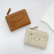 2025新款拉链女式短款小钱包ins便携铆钉荔枝纹硬币小零钱包purse