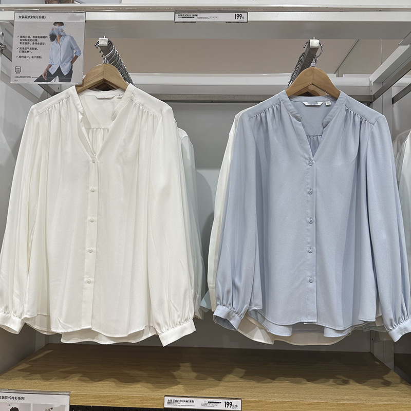 Fanty Pleated Shirt Women's 24 Autumn New Half Open Collar V-Neck Commuter Air-conditioning Shirt Long Sleeve Shirt 469437