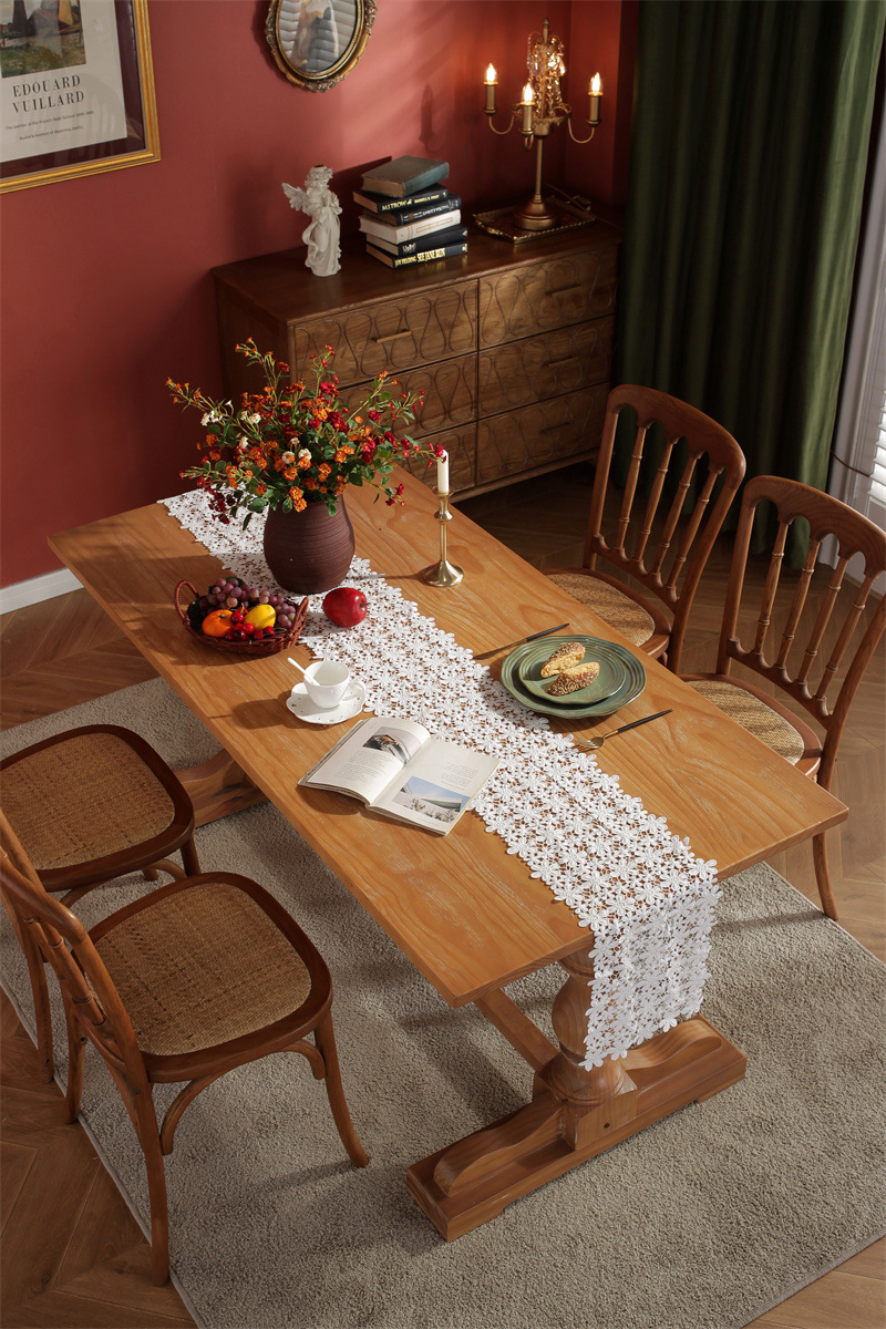 Rustic Romantic White Hollow Floral Lace Table Runner Decor_voghion.com