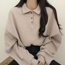 国潮春秋薄款卫衣女polo领宽松bf长袖T恤灯笼袖学院风上衣外套潮