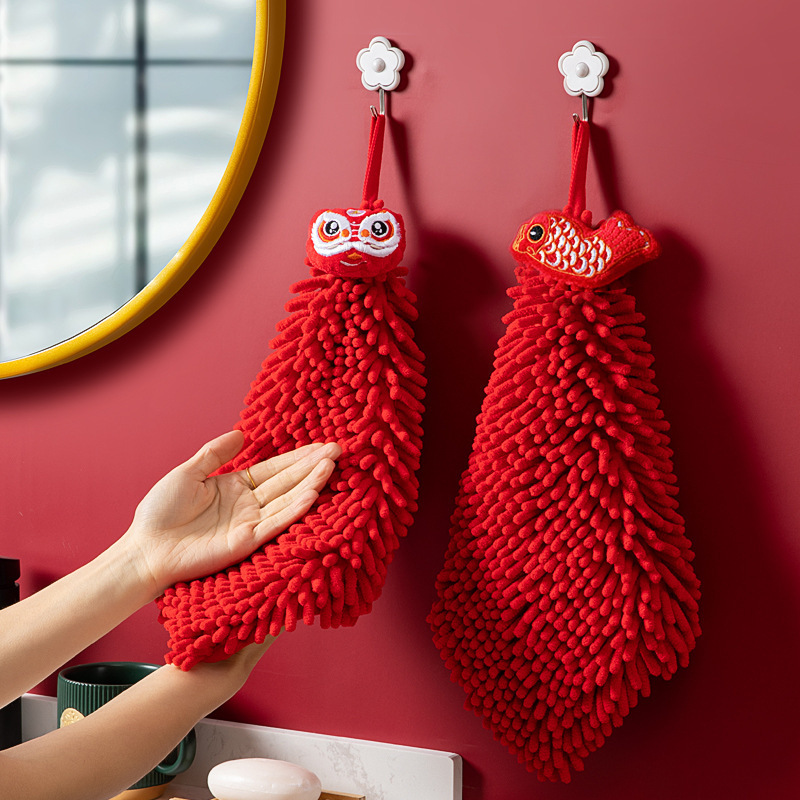 New chenille towel hanging cute wedding handball red festive cartoon kitchen bathroom lion