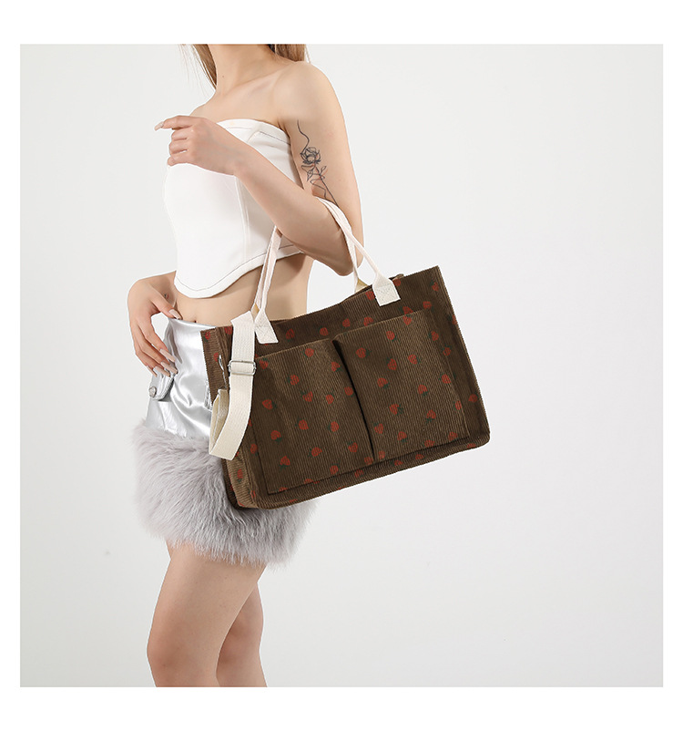 300g Weight Polyester Lining Material Zipper Closure Type Single Shoulder Strap Strap Type Tote Bag Bags Type Casual, School Occasion Corduroy Material Solid Color, Strawberry Pattern All Seasons Season Women's Gender Basic, Classic Style Style Square Shape Large Size Women's Large Corduroy Solid Color Strawberry Basic Classic Style Square Zipper Tote Bag 13