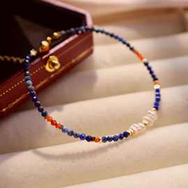 欧美跨境饰品新中式极细天然青金石手链淡水珍珠拼接天然石首饰