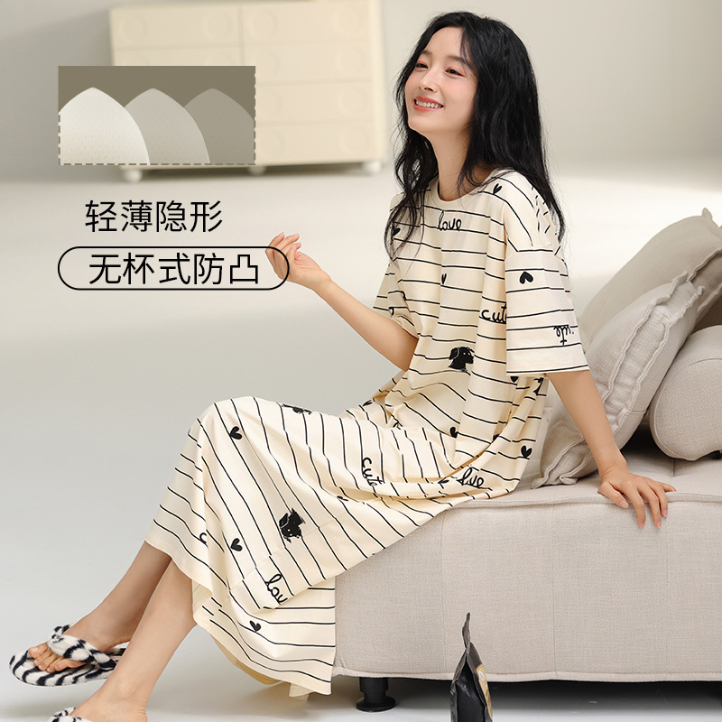 Pijama de algodón para mujeres con cojín de pecho pijama de mangas cortas 2025 nuevo vestido de cuello redondo se puede usar ropa de hogar grande