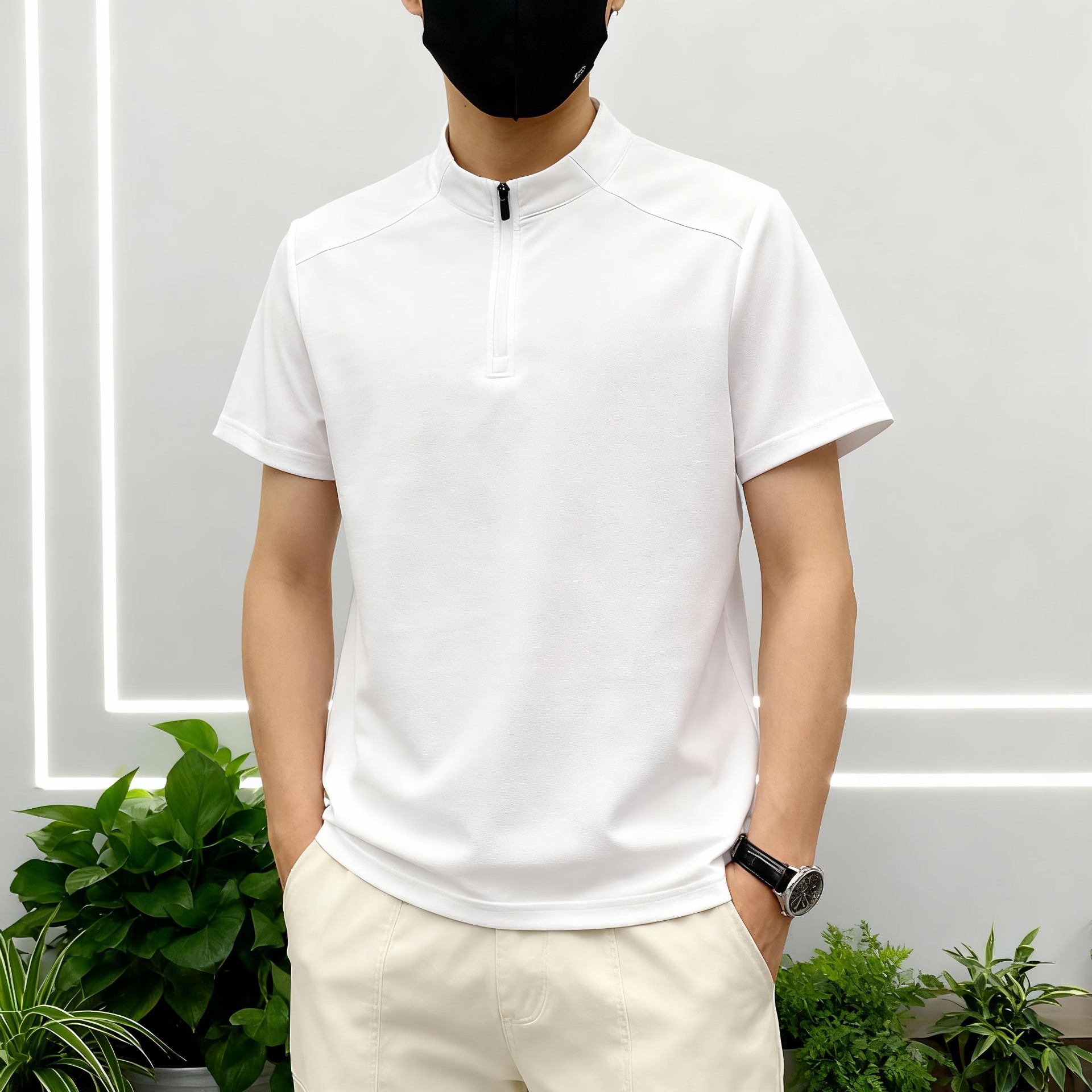 Transfronterizos al aire libre para hombres secado rápido camiseta de manga corta para hombres 2026 verano delgado cuello medio cremallera camiseta casual transpirable