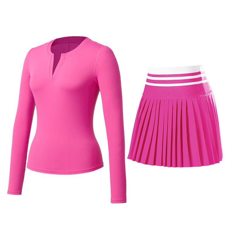 Trajes deportivos de otoño y invierno ropa de tenis ropa de yoga cuello V mangas largas anti-luz falda de tenis para correr camisetas deportivas