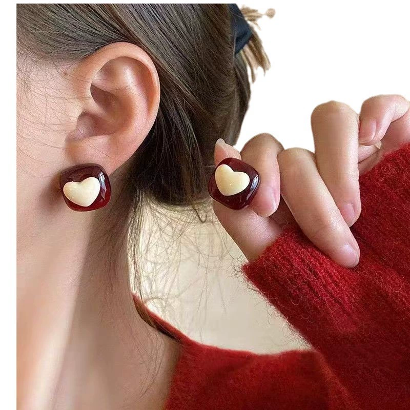 Festive red cute long demi-season earrings with bow with tassels, flowered