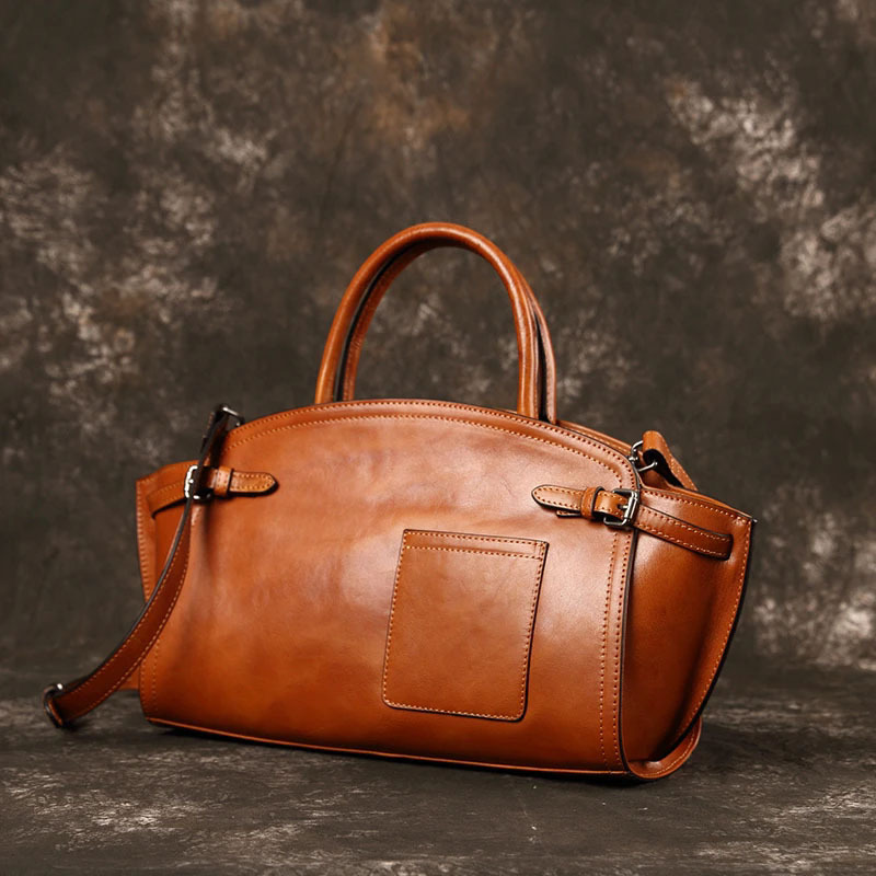Luxury Genuine Leather Boston Bowling Bag Niche Design Retro Handbag Shoulder Underarm Bag Trendy - Thumbnail 4