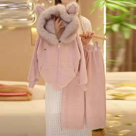 女童秋冬2025新款加厚奥粒绒连帽卡通外套运动一体绒女孩两件套潮