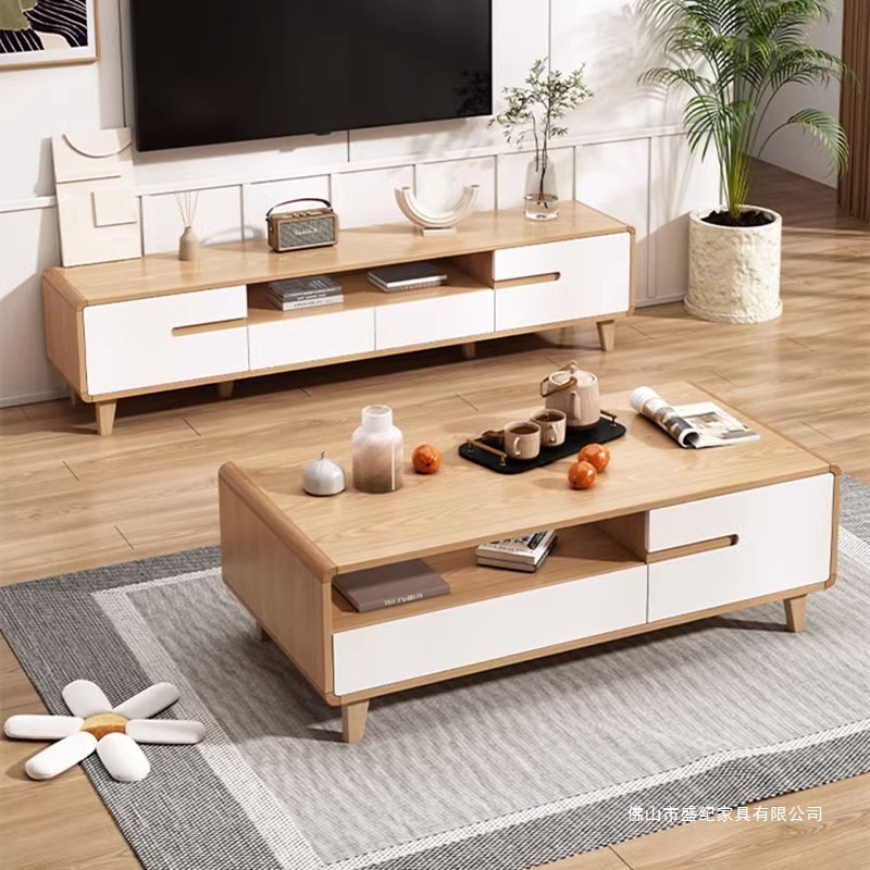 Tv Cabinet Living Room Home Small Apartment Modern Simple Coffee Table Combination Wood Color Rounded Solid Wood Legs Tv Cabinet