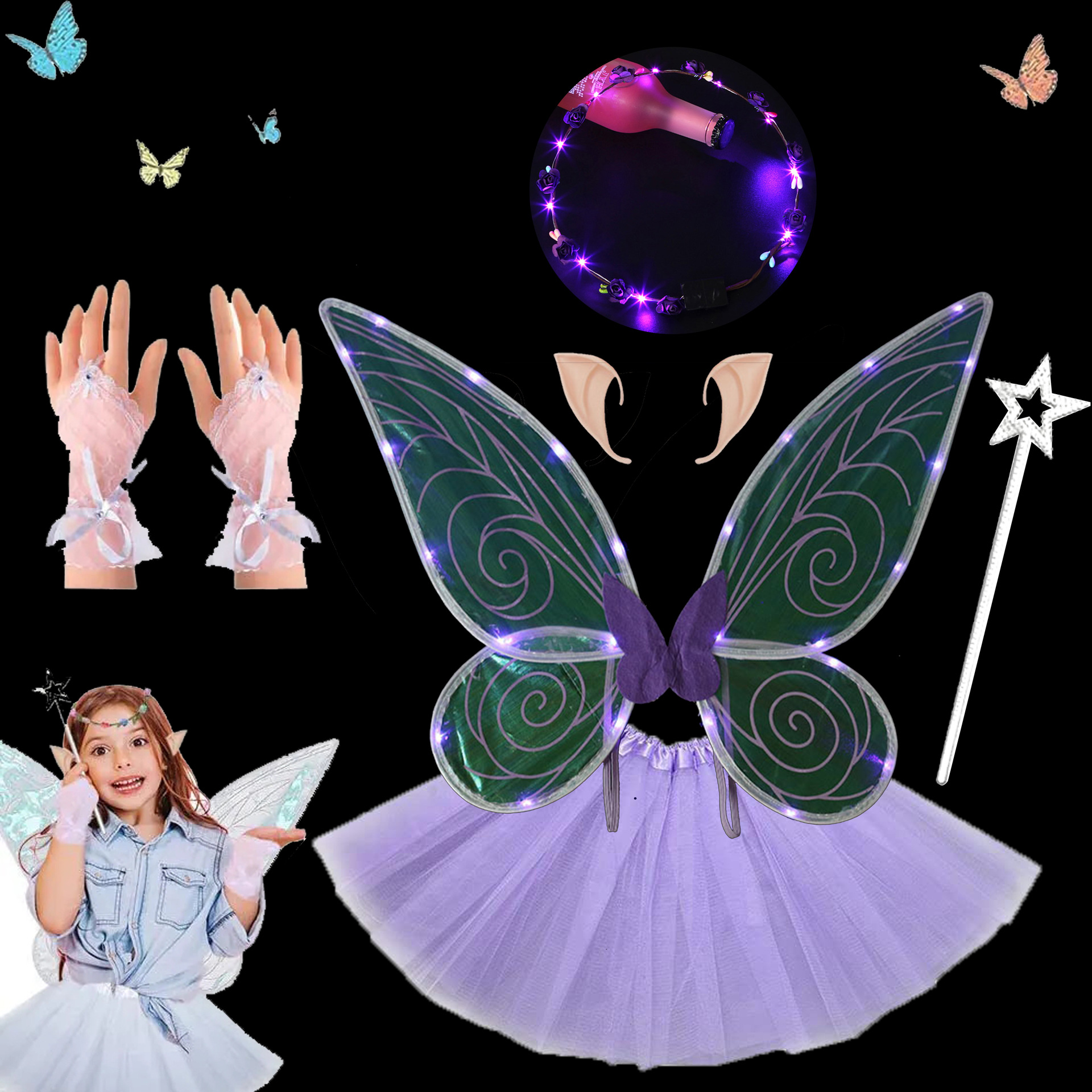 Navidad Nuevo estilo de emisión de luz ELF alas fiesta de vacaciones con flash mariposa Halloween accesorios de rendimiento para niños