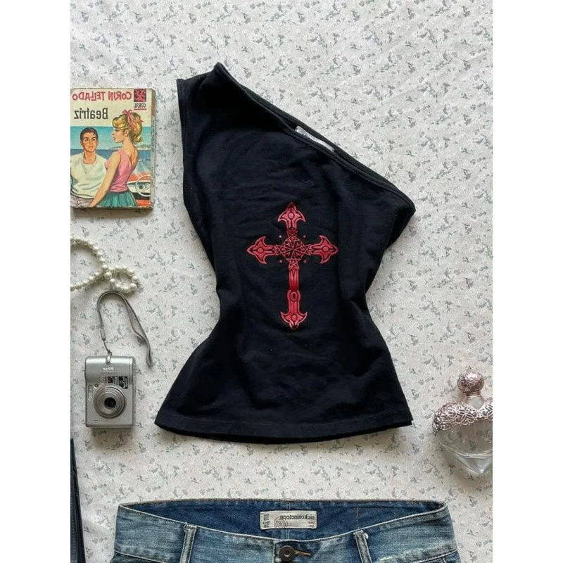 [210 г 40 шт. 1*1] y2k Millennium Shibuya Hot Girl ретро жилет с перекрестным принтом на плечах топ