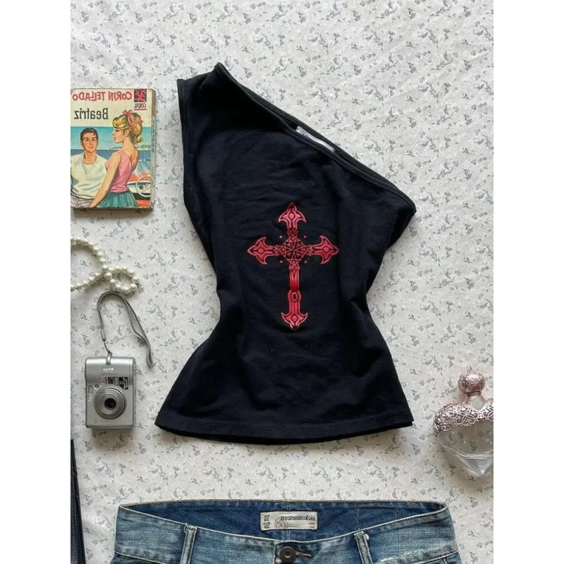 [210g 40 Pieces 1*1] Y2K Millennium Shibuya Hot Girl Retro Cross Print Shoulder Vest Top