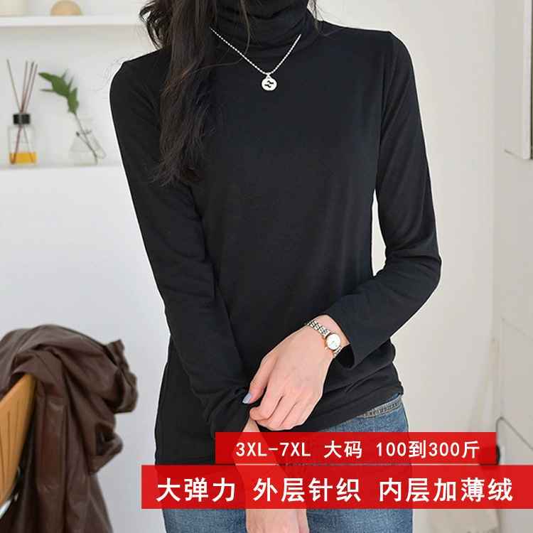 Осенняя женская футболка больших размеров, 200 кг, 300 кг, эластичная футболка с длинным рукавом на флисовой подкладке, теплая Базовая рубашка с высоким воротником, поколение волос