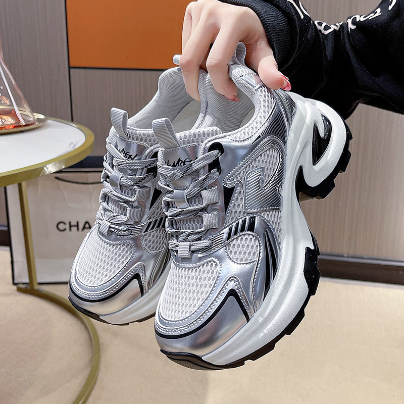 2026 Early Spring Versatile Thick-Soled Height-Increasing Silver Dad Shoes for Women, Mesh Breathable Versatile Casual Sports Shoes Ins