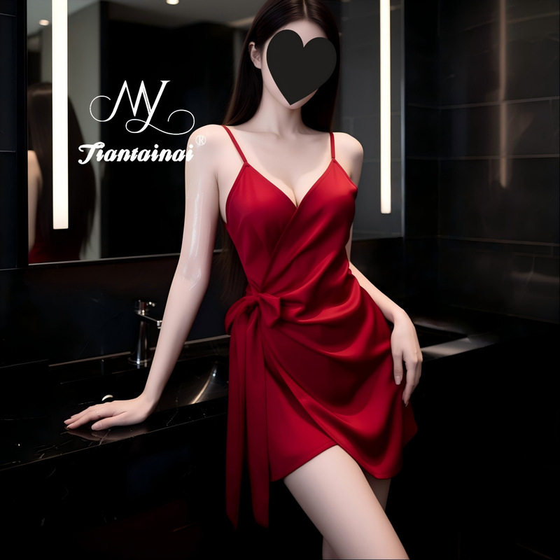 Sexy Lingerie Satin Lace-Up Camisole Sexy Nightgown V-Neck Slim-Fit Tie-Up Sleepwear Women's Teasing Lingerie