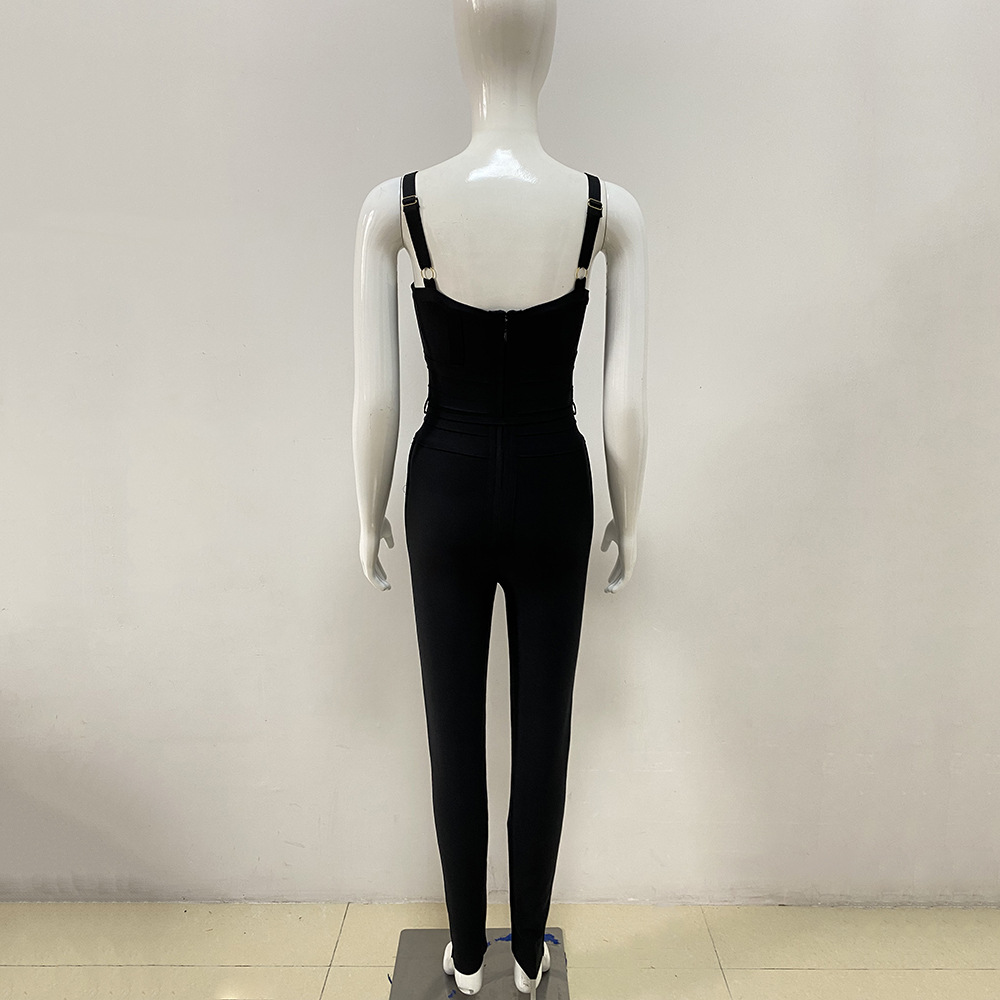 Mono Elegante de Fiesta, Estilo Europeo y Americano, Sexy y a la Moda, Ajustado, Color Sólido, Cintura Alta
