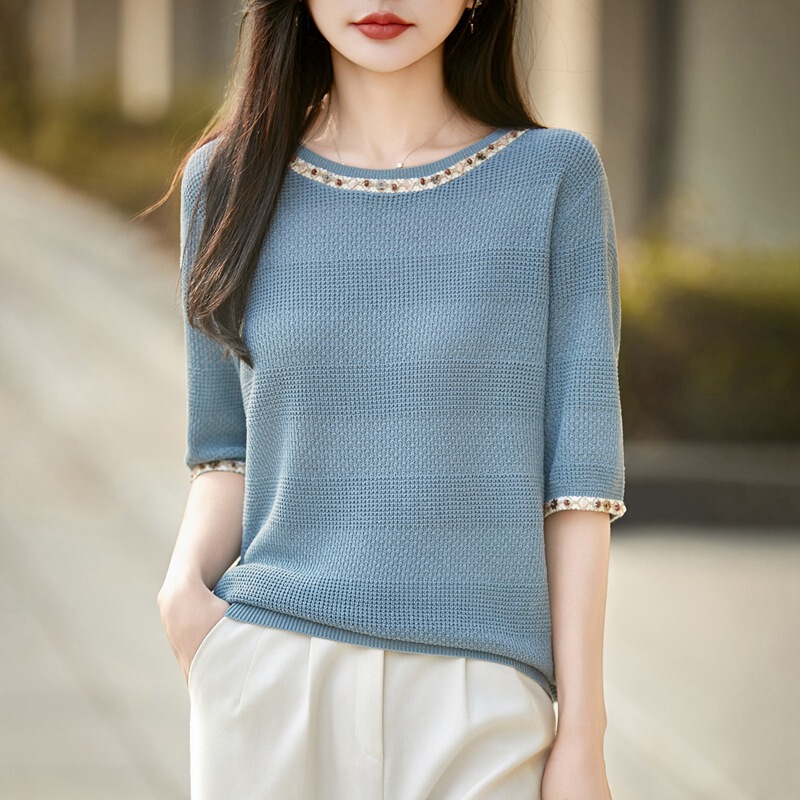 Women's Tencel Linen Lace Round Neck Short-Sleeved T-Shirt for Women's Summer New Style, Light and Breathable, Trendy Five-Quarter Sleeve T-Shirt Women's Tencel Linen Lace Round Neck Short-Sleeved T-Shirt for Women's Summer New Style, Light and Breathable, Trendy Five-Quarter Sleeve T-Shirt