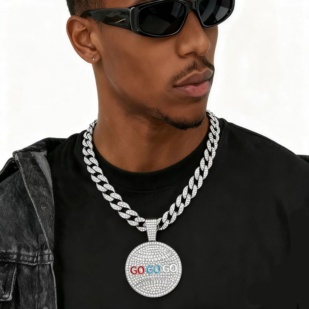 Collar con Colgante Redondo de Diamantes Estilo Hip-Hop Europeo y Americano, Cadena Cubana para Hombre, Cadena para Suéter, Estilo Urbano, Venta al Por Mayor