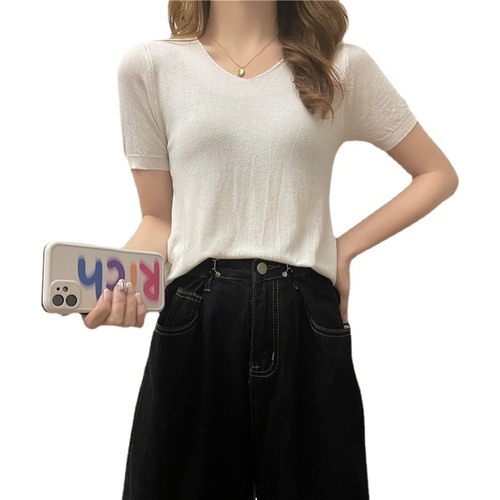 Summer solid color V-neck stylish loose thin casual cool feeling short sleeve women's knitted shirt