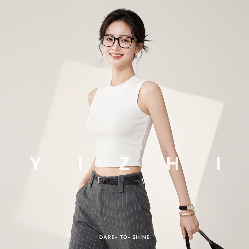 Women's Summer Short Slim Fit Sleeveless Turtleneck Tank Top, Simple High-Elasticity Tight-Fitting Cropped Top Women's Summer Short Slim Fit Sleeveless Turtleneck Tank Top, Simple High-Elasticity Tight-Fitting Cropped Top