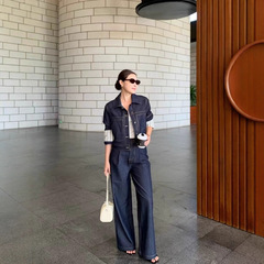 休闲牛仔套装女2025秋新款时尚简约减龄拼接短外套阔腿裤两件套女