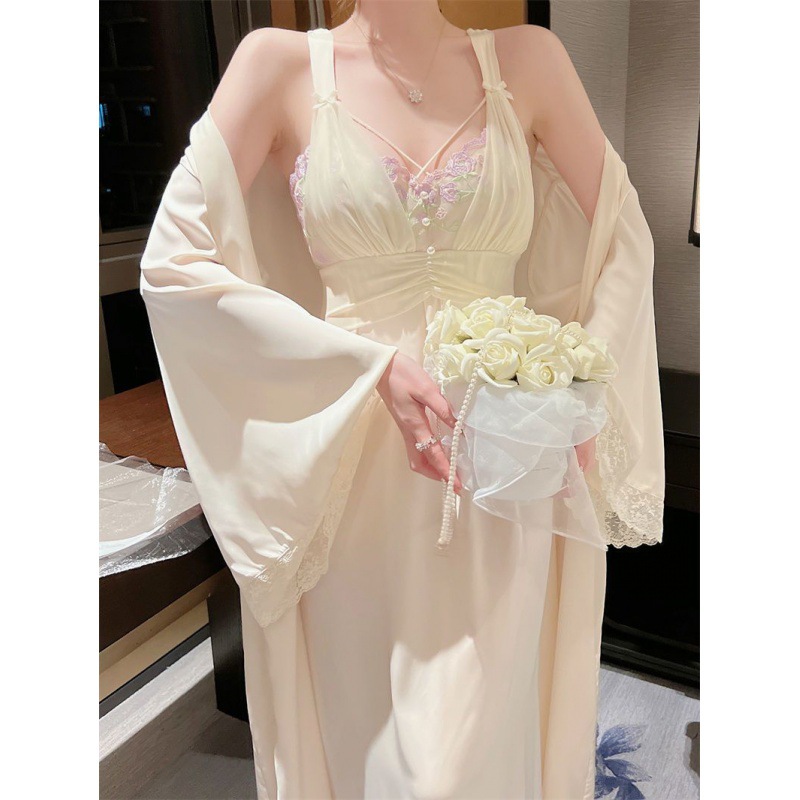순수한 욕망 나이트가운 여성의 2024 새로운 잠옷 투피스 세트 실크 리본 가슴 패드 슬링 긴 스커트 나이트 가운 홈 옷