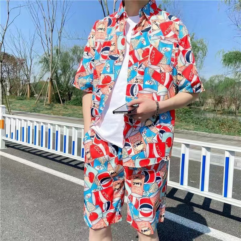 Hawaiian Flower Shirt Beach suit Men's Summer Port Style Sanya Travel Couple's Seaside Vacation Style Travel Wear