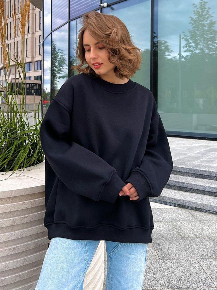 Áo sweatshirt nữ cổ tròn dáng rộng oversize tay dài chất liệu nỉ lông — Hoa màu xám, Màu cà phê, Màu trắng, Xanh navy