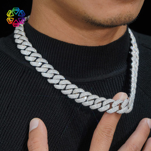 2025 Hot-Selling S925 Silver Moissanite Cuban Chain 16mm Three-Row Stone Hip-Hop Light Luxury Cuban Chain Necklace