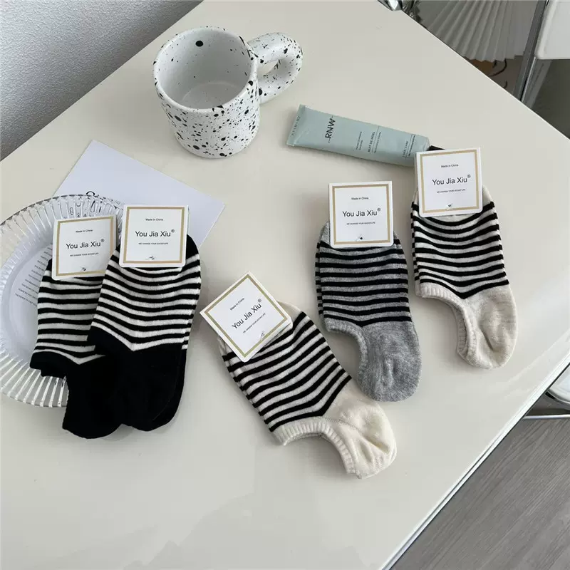 春夏条纹袜子女士休闲海军风浅口条纹隐形袜后跟防滑硅胶防掉跟袜