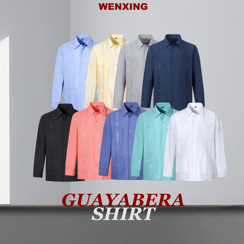 Dacheng Men's Shirt Factory European and American Men's Guayabera Striped Shirt Men's Long Sleeve Four-Pocket Shirt Dacheng Men's Shirt Factory European and American Men's Guayabera Striped Shirt Men's Long Sleeve Four-Pocket Shirt