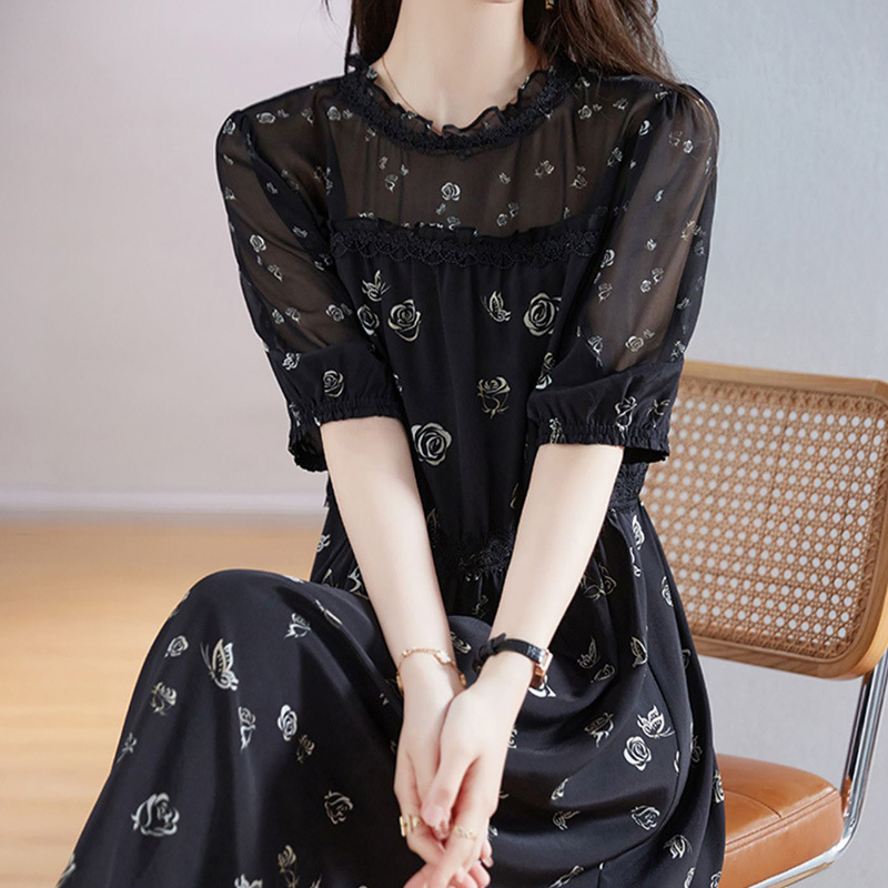 100 Mulberry Silk Floral dress Lace Collar Black Silk Skirt plus size chubby girl Mid-length Women's Summer