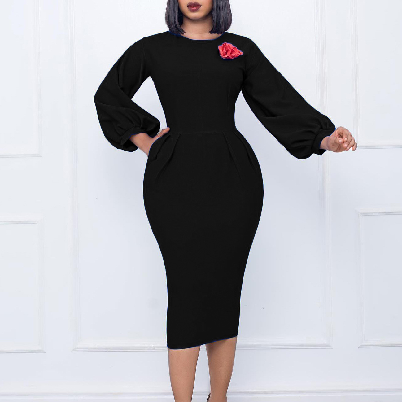 Women's Clothing autumn and winter new solid color bag hip professional OL temperament large size African dress_voghion.com
