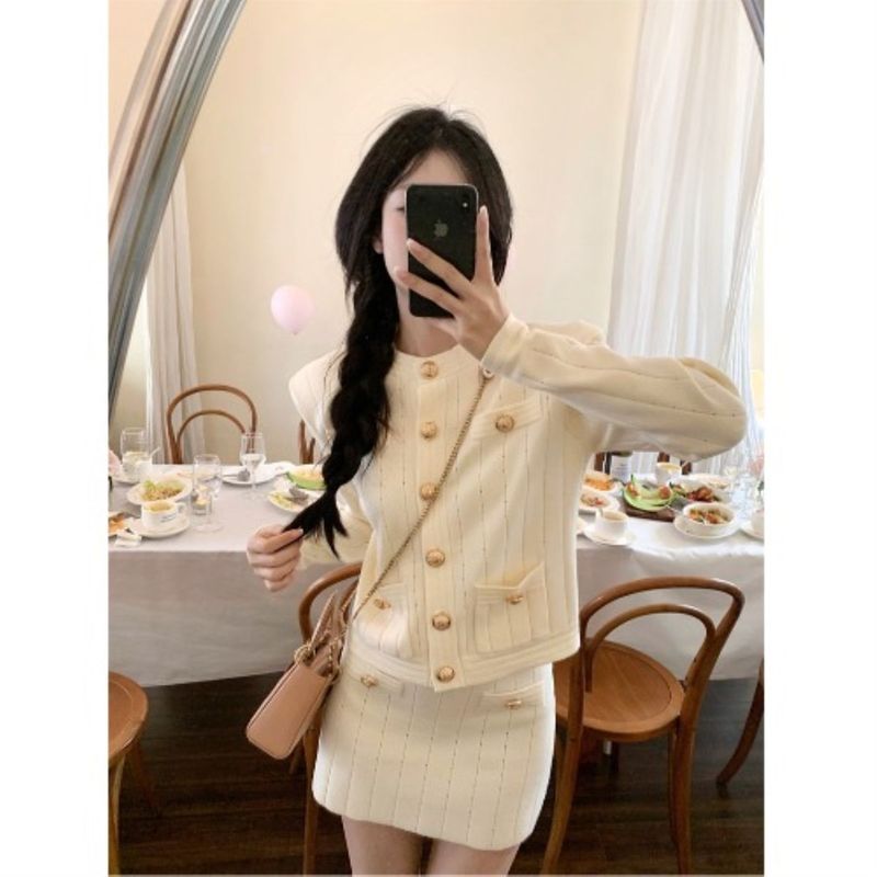 时尚新款温柔甜妹套装长袖圆领开衫女装秋季高腰显瘦半身裙两件套|undefined