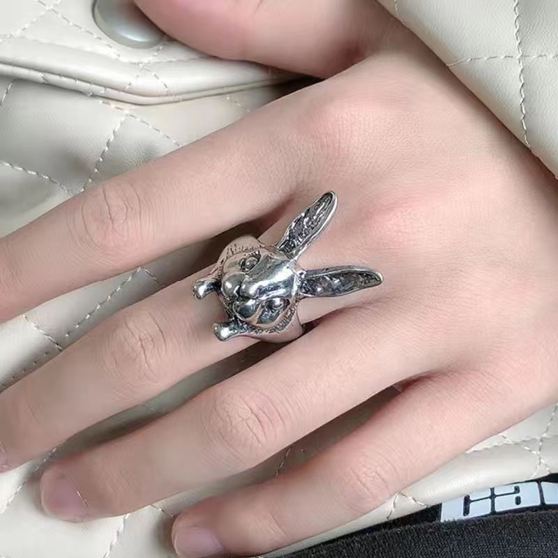 dark saibo punk evil rabbit ring female trendy men‘s cool ring internet celebrity ins style retro ring