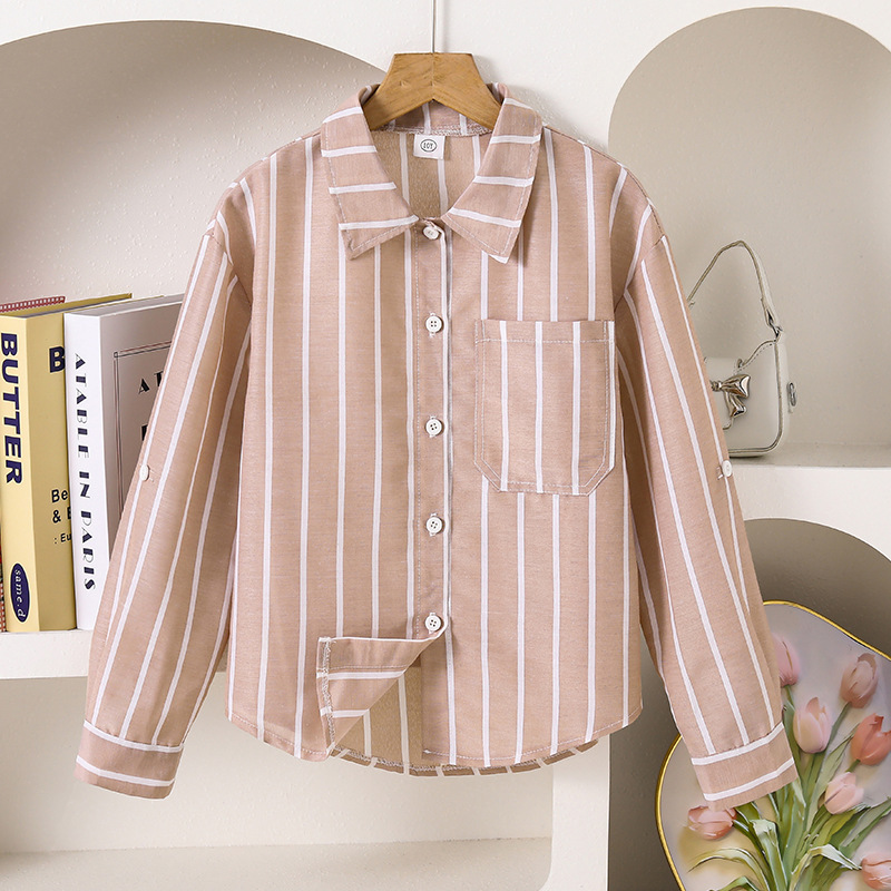Camisas infantiles 2025 otoño nuevo estilo de niños y niñas casuales de color con rayas verticales para vestir camisa de manga larga